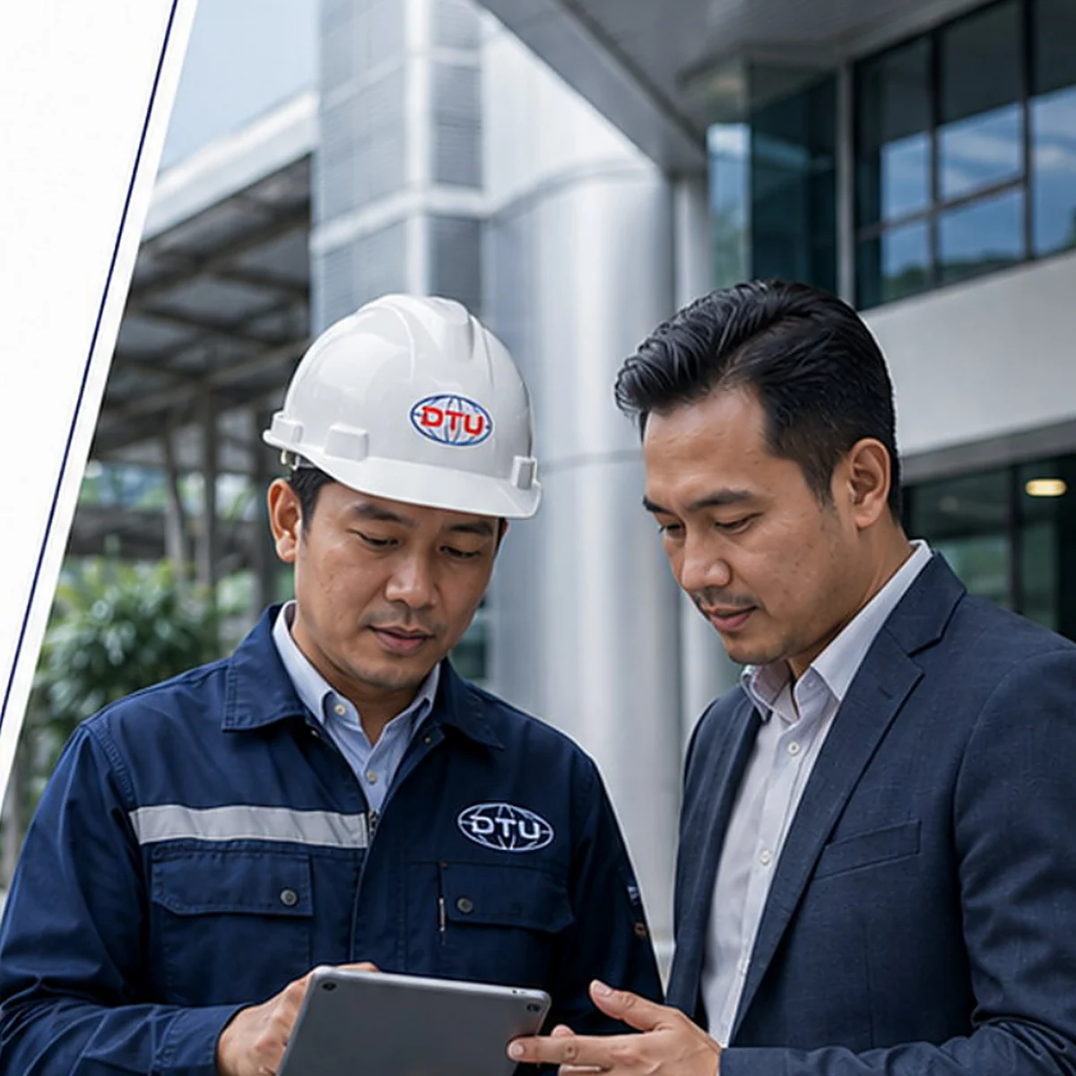 DTU representative discussing a project with a client